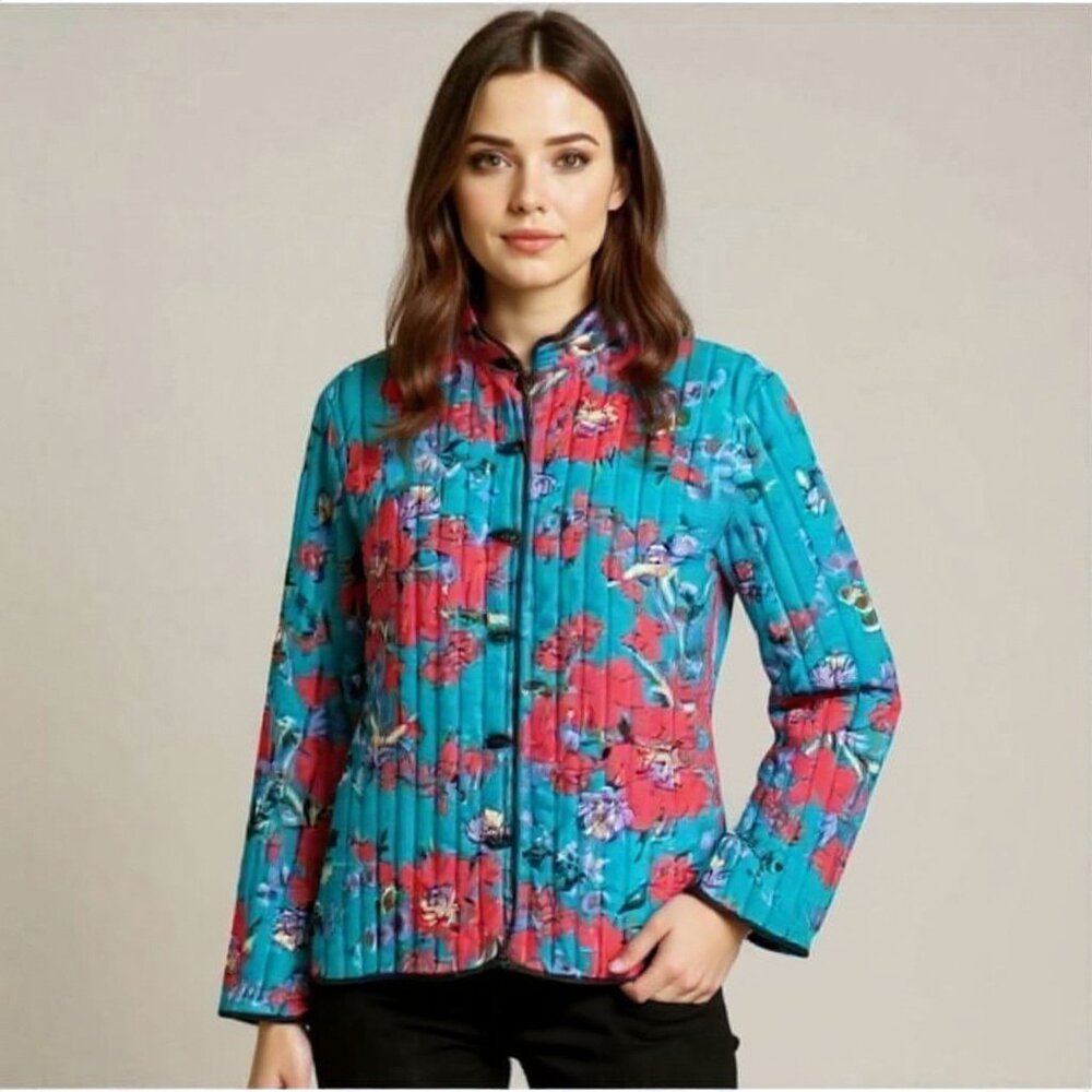 Vintage Women's Asian Floral Teal Blue Quilted Cotton Jacket ILGWU Size Medium